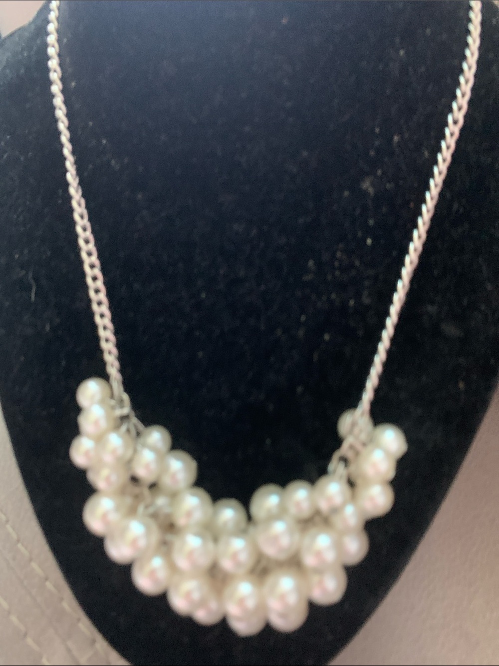 White Faux Pearl Cluster Bib Necklace on Silver-Tone Chain